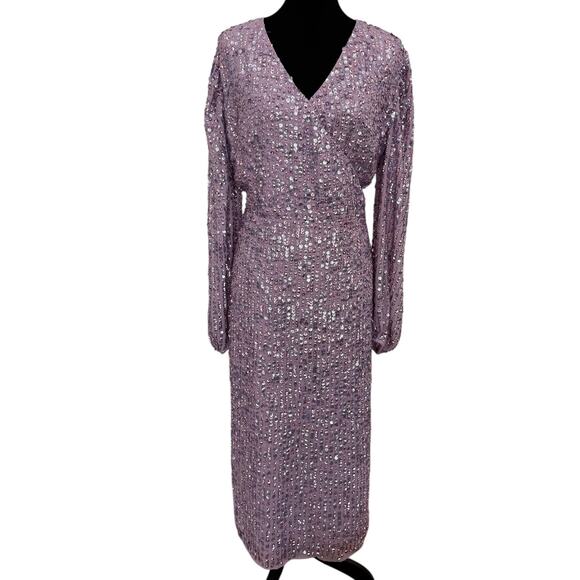 NEW MAC DUGGAL Purple Sequined Empire Waist Midi Prom Dress Size 14 - Picture 3 of 9